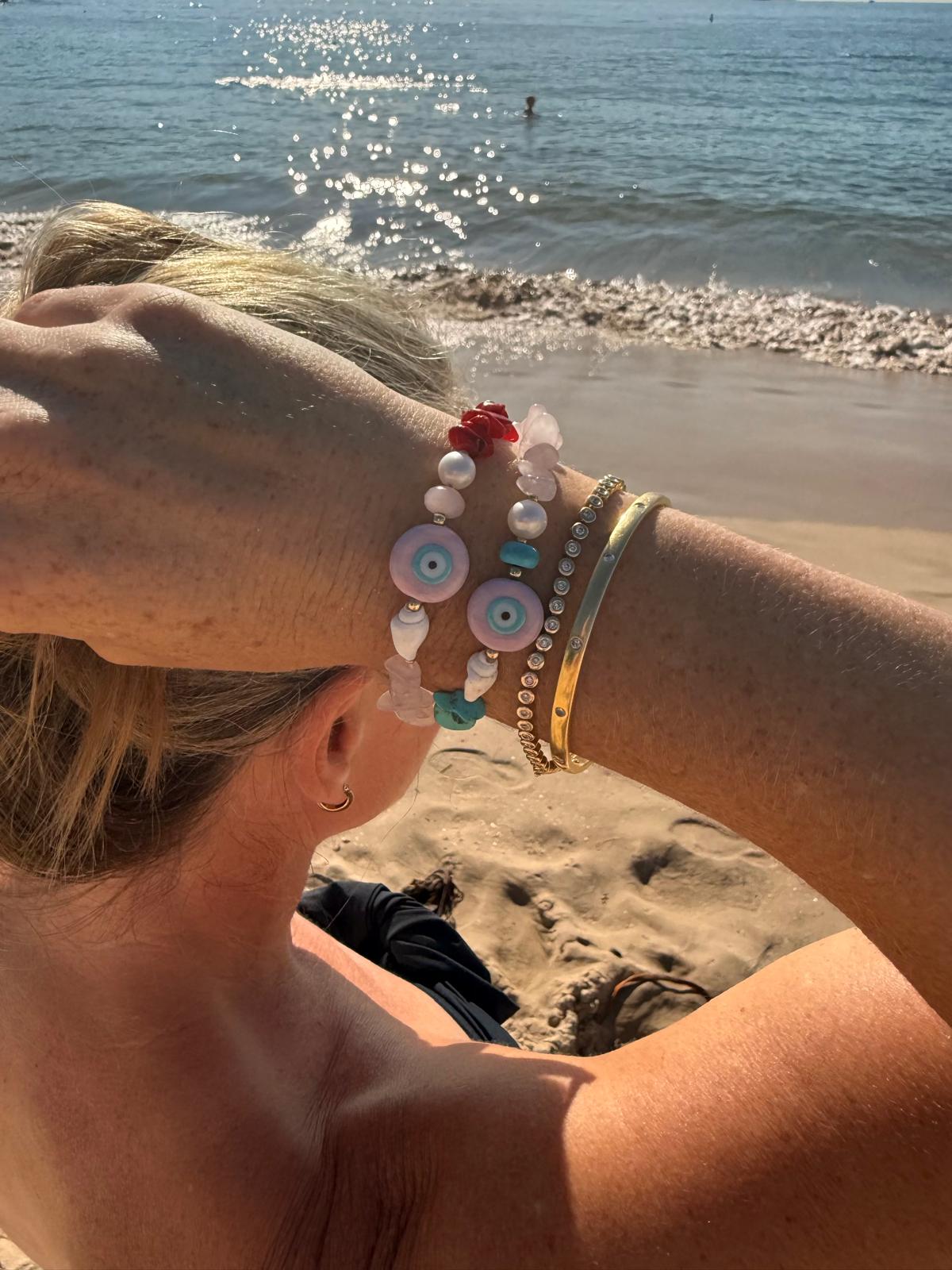 Mel Evil Eye Rose Quartz and Bamboo Coral Bracelet