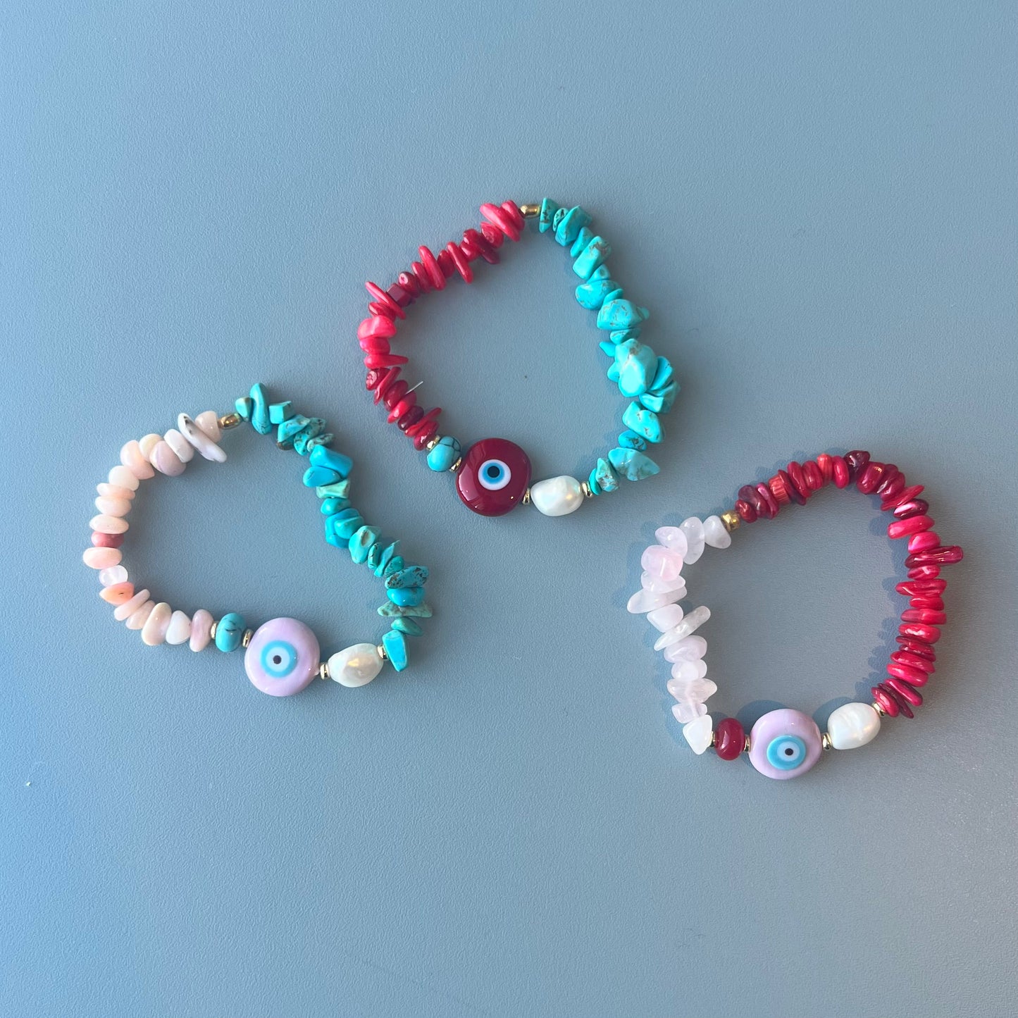 Mel Evil Eye Rose Quartz and Bamboo Coral Bracelet