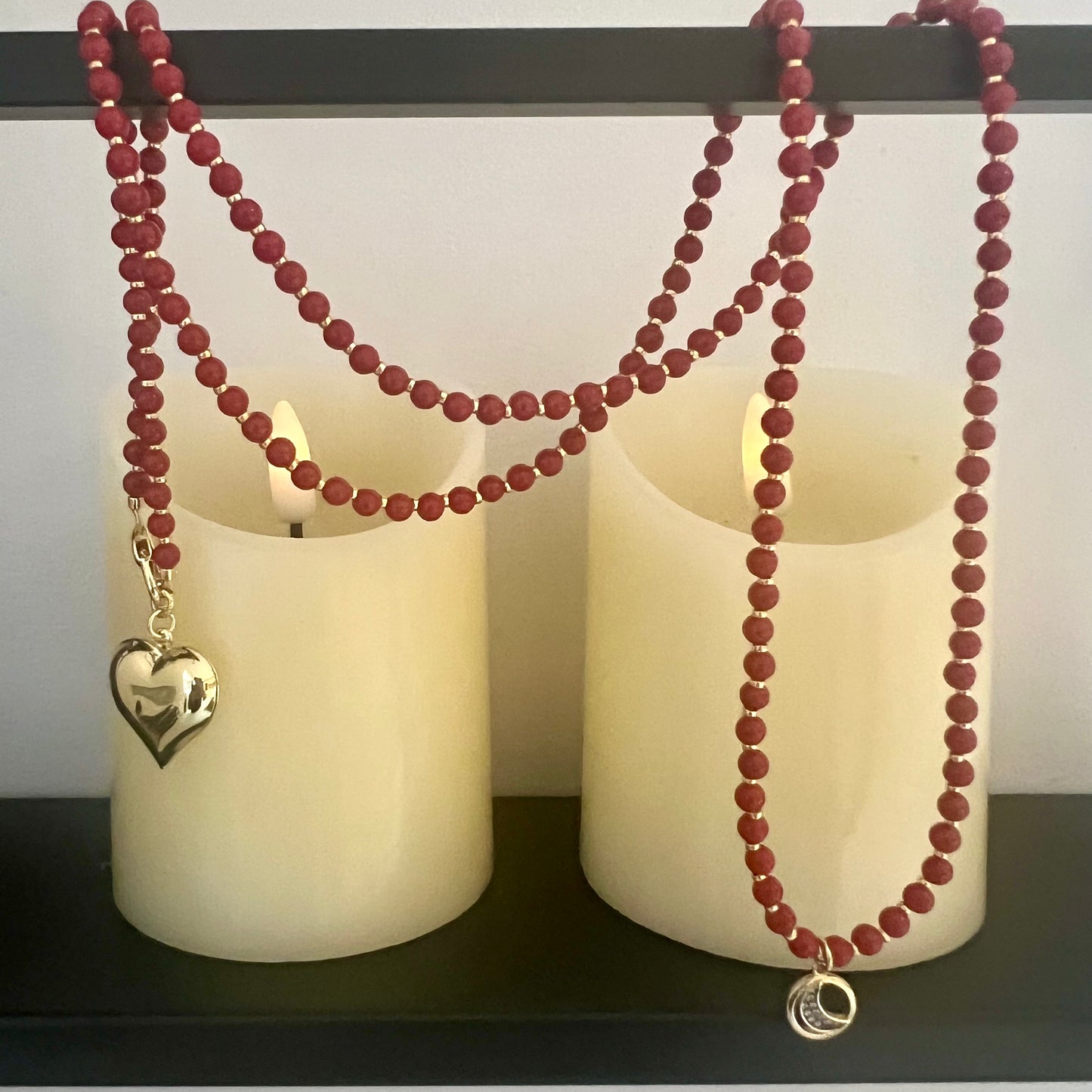 Mia Red Beaded Heart & Moon Necklace