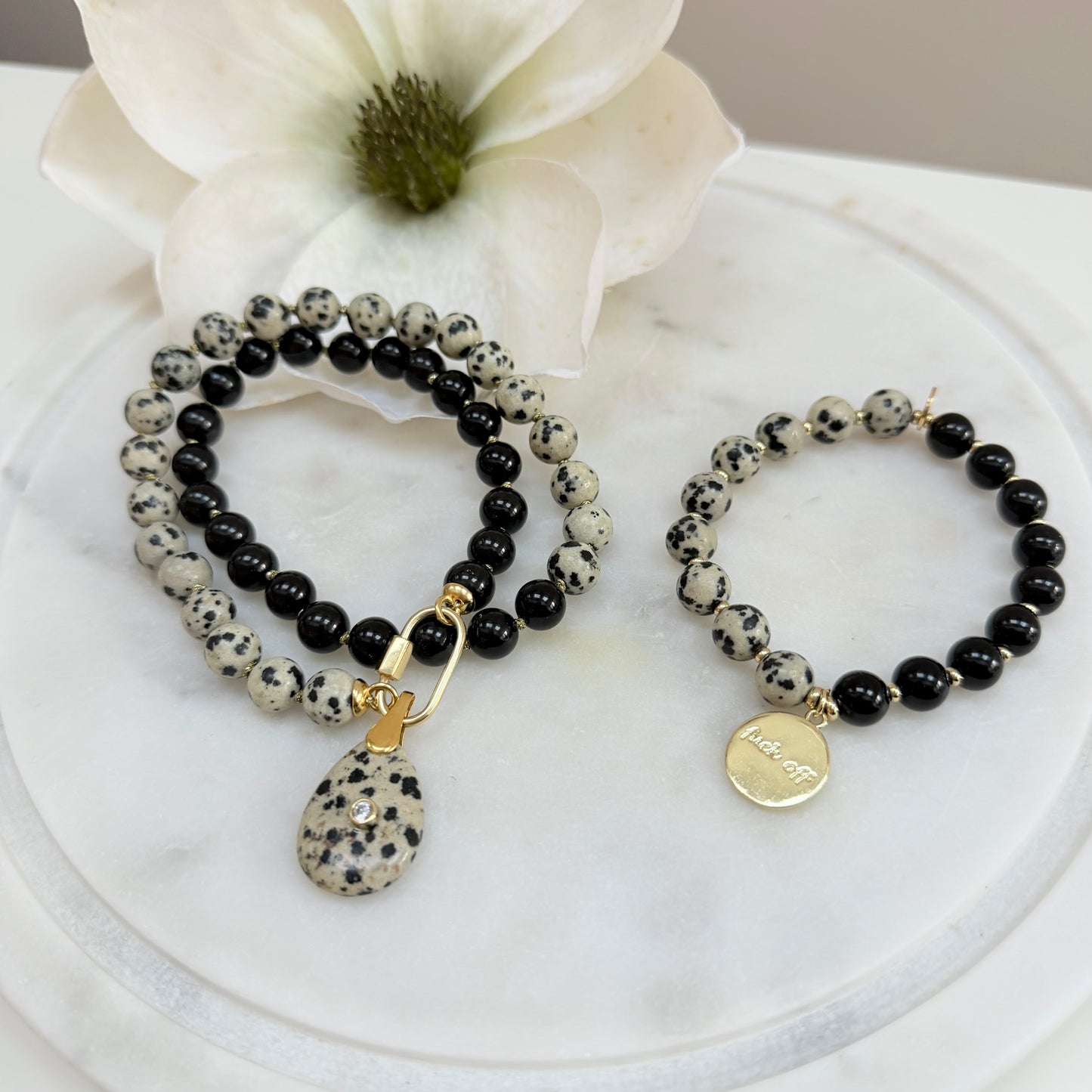 Ana-Maria Beaded Charm Necklace - Dalmatian Jasper and Black Tourmaline
