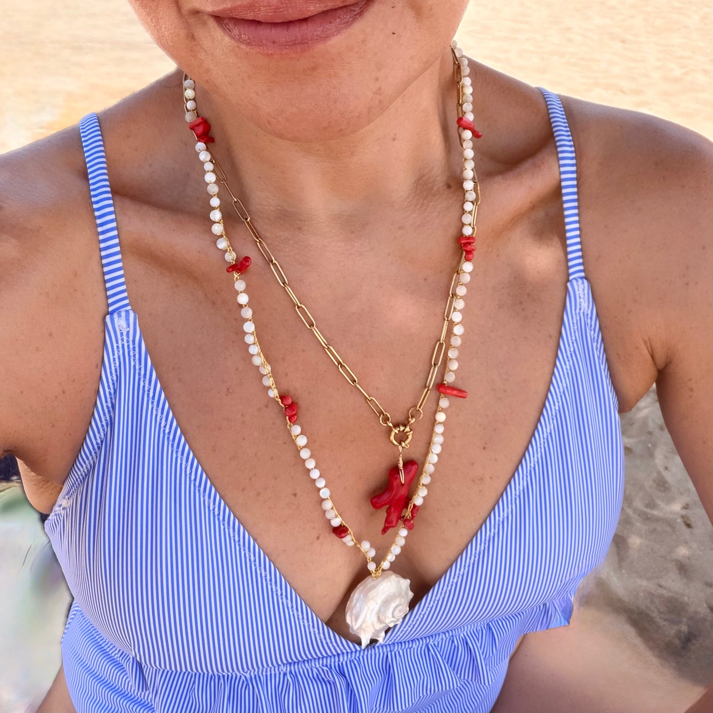 Necklace No. 4 - Shell Pendant Necklace with Red Coral