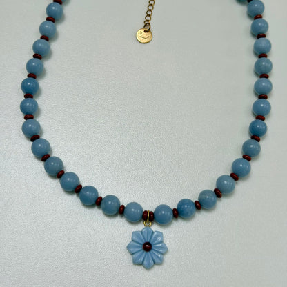Chunky Angelite and Red Jasper Necklace with Flower Charm