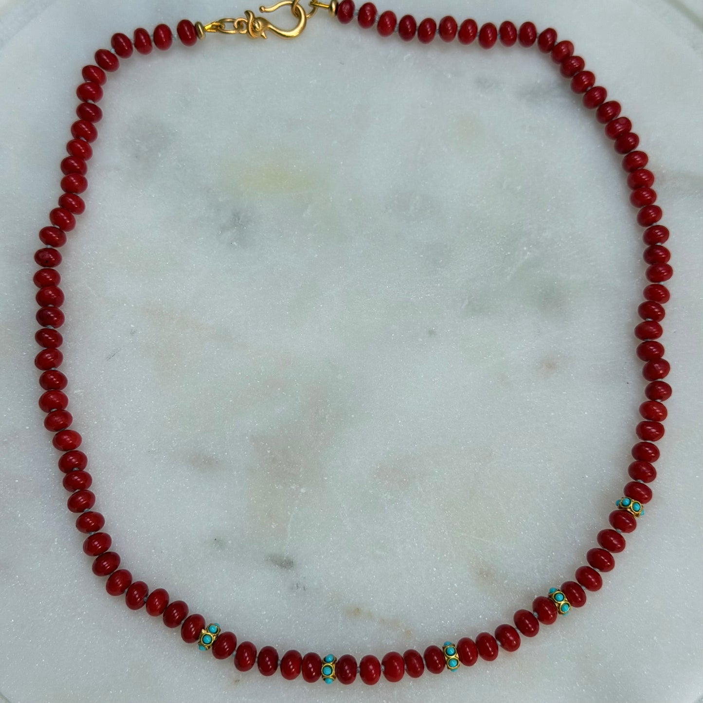 Red Bamboo Coral Beaded Necklace with Turquoise Accents