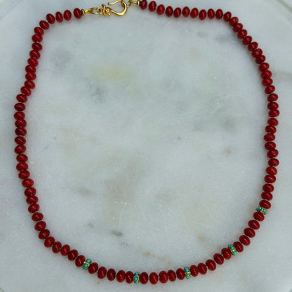 Red Bamboo Coral Beaded Necklace with Turquoise Accents
