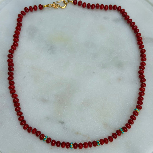Red Bamboo Coral Beaded Necklace with Turquoise Accents