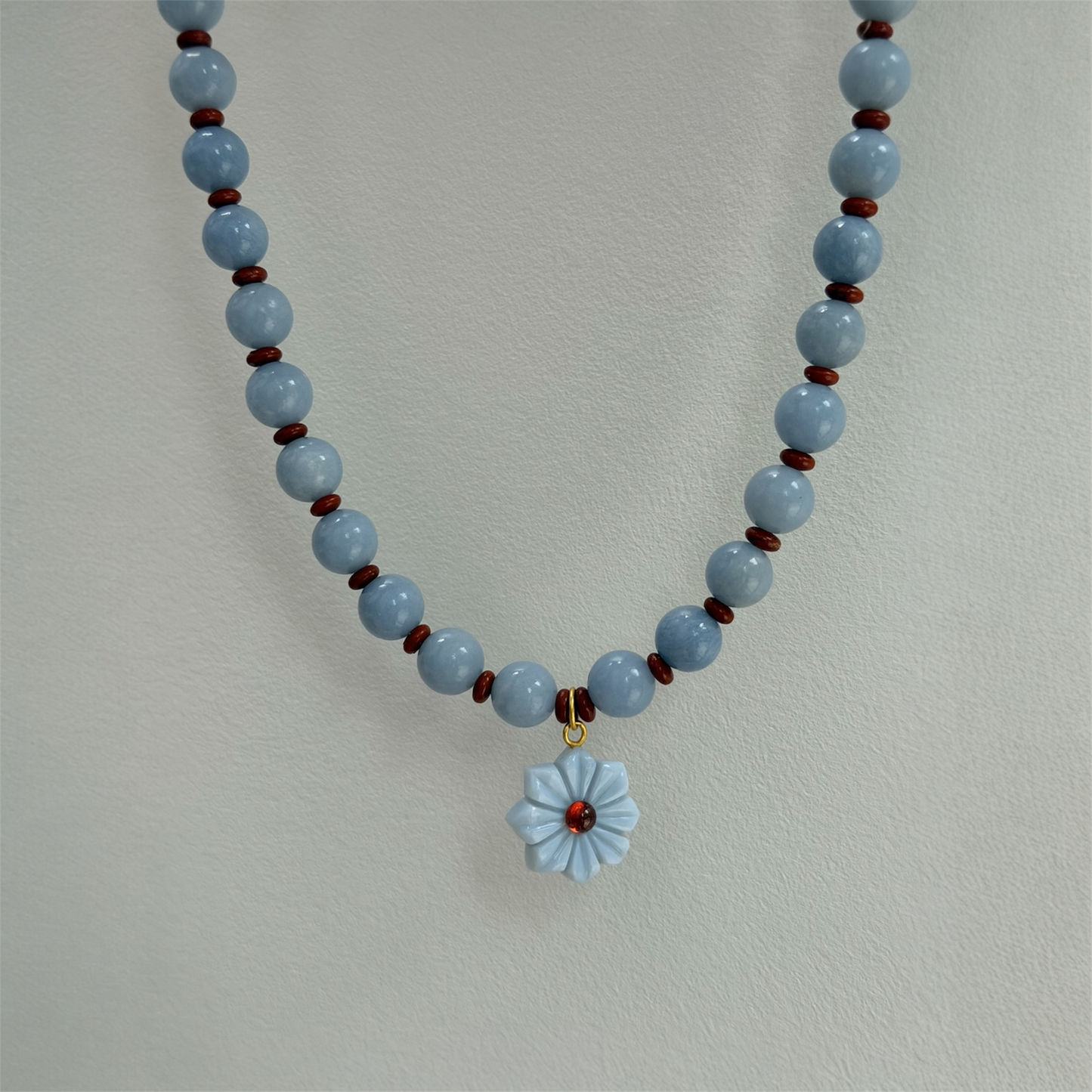 Chunky Angelite and Red Jasper Necklace with Flower Charm