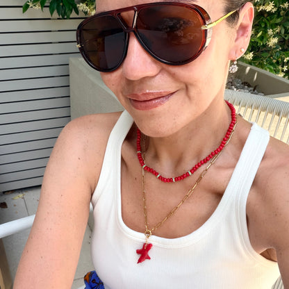 Red Bamboo Coral Beaded Necklace with Turquoise Accents