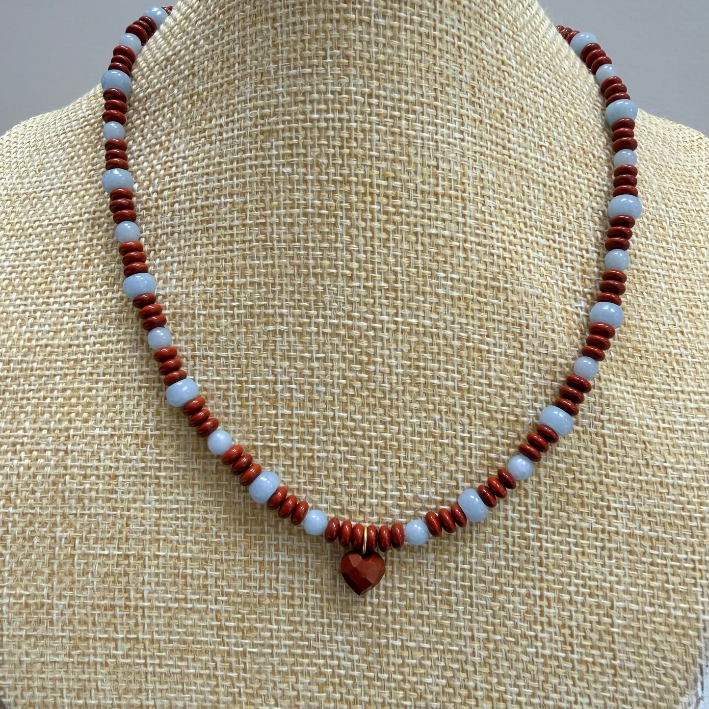 Dainty Red Jasper and Angelite Necklace with Heart Charm