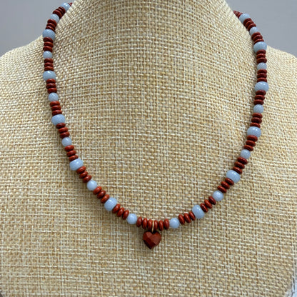 Dainty Red Jasper and Angelite Necklace with Heart Charm