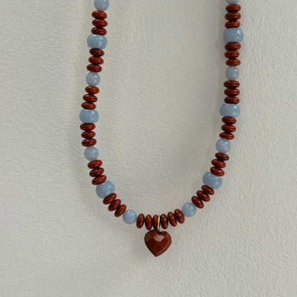 Dainty Red Jasper and Angelite Necklace with Heart Charm