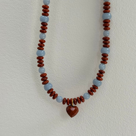 Dainty Red Jasper and Angelite Necklace with Heart Charm
