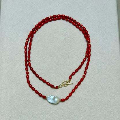 LOULOU Red Bamboo Coral Beaded Necklace with Baroque Pearl
