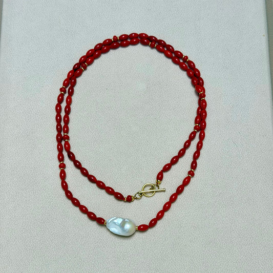 LOULOU Red Bamboo Coral Beaded Necklace with Baroque Pearl
