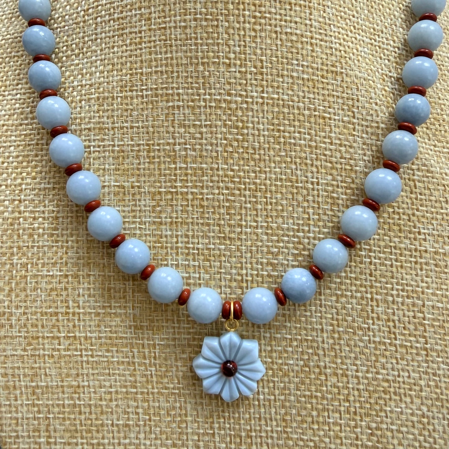 Chunky Angelite and Red Jasper Necklace with Flower Charm