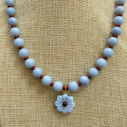 Chunky Angelite and Red Jasper Necklace with Flower Charm