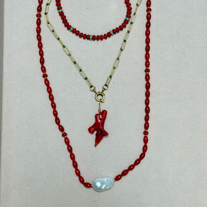 LOULOU Red Bamboo Coral Beaded Necklace with Baroque Pearl