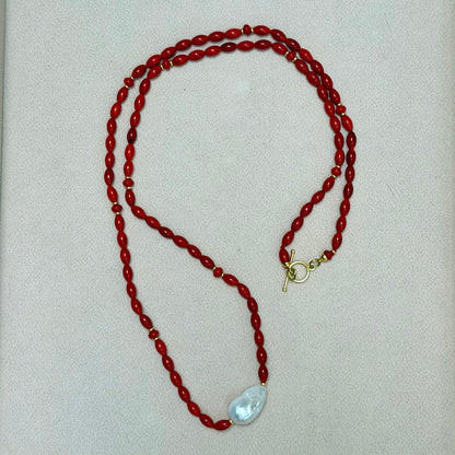 LOULOU Red Bamboo Coral Beaded Necklace with Baroque Pearl