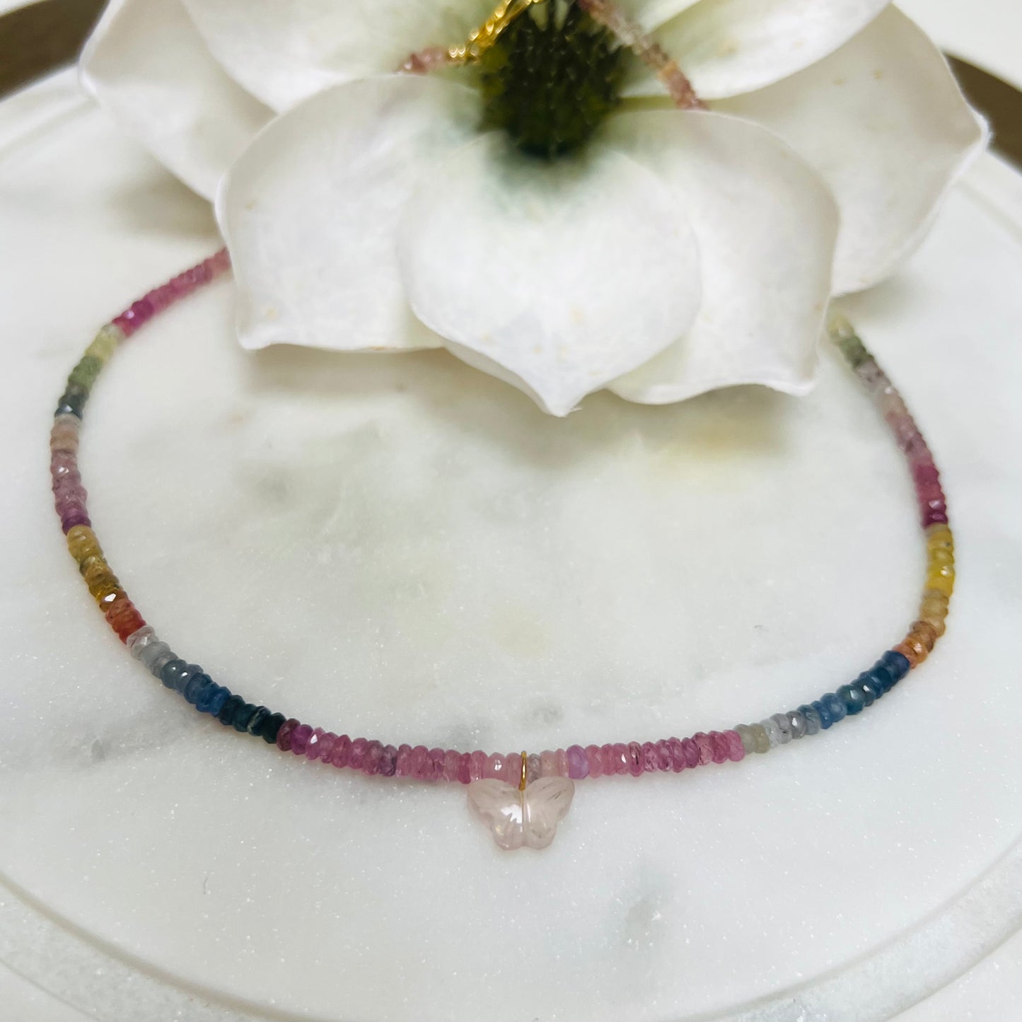 Rainbow Sapphire Necklace with Rose Quartz Charm