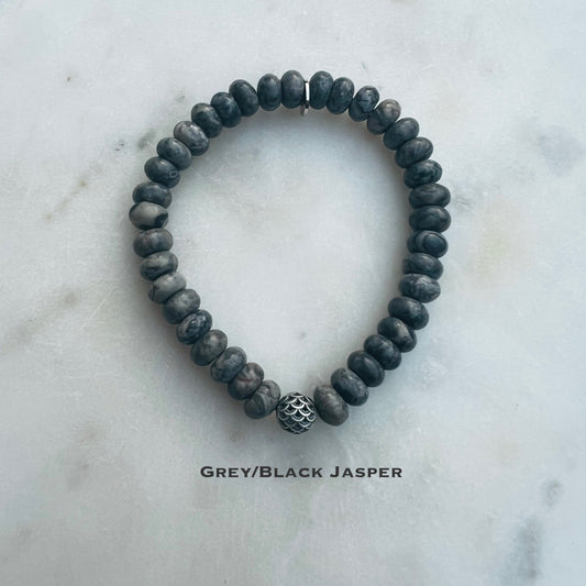 Men’s Grey Jasper Bracelet - Dragon Scale Charm