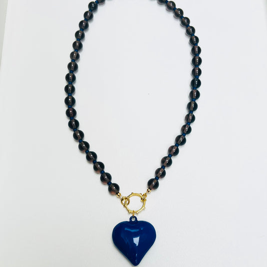 Smokey Quartz & Blue Beaded Heart Necklace