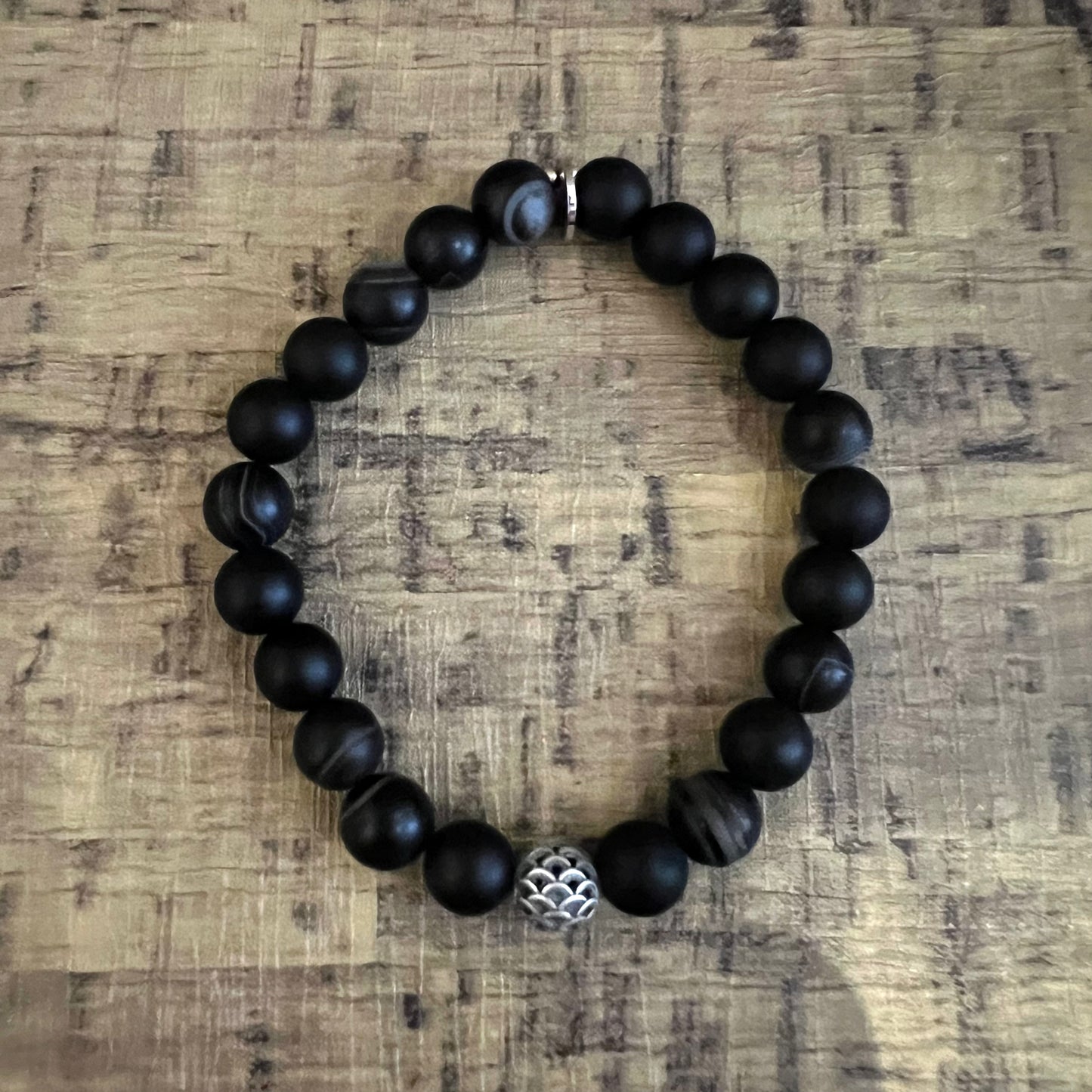 Men’s Black Banded Agate Bracelet - Dragon Scale Charm