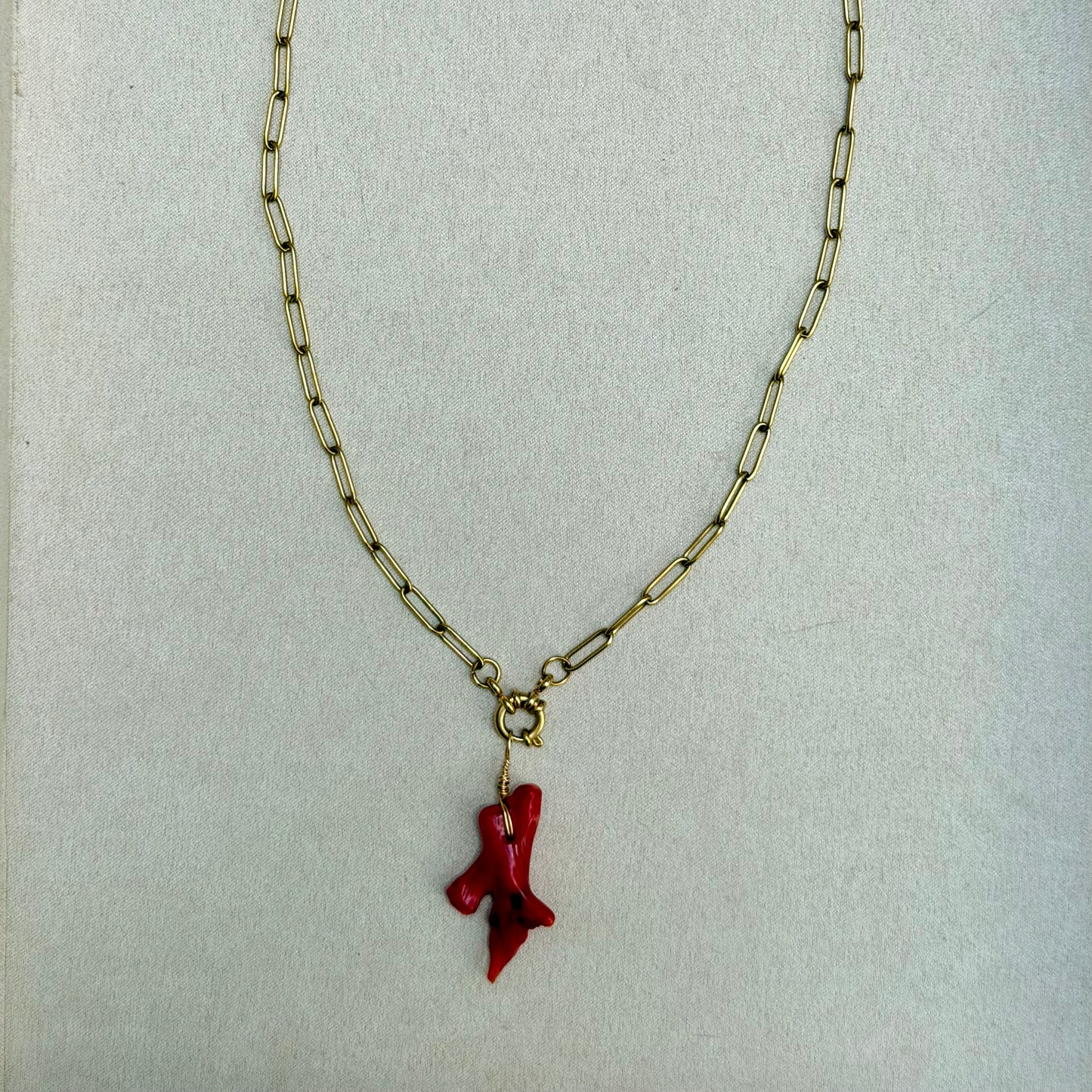 Necklace No. 5 - Red Coral Pendant on Paperclip Necklace
