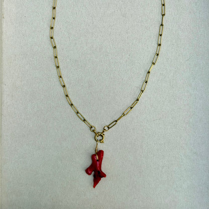 Necklace No. 5 - Red Coral Pendant on Paperclip Necklace