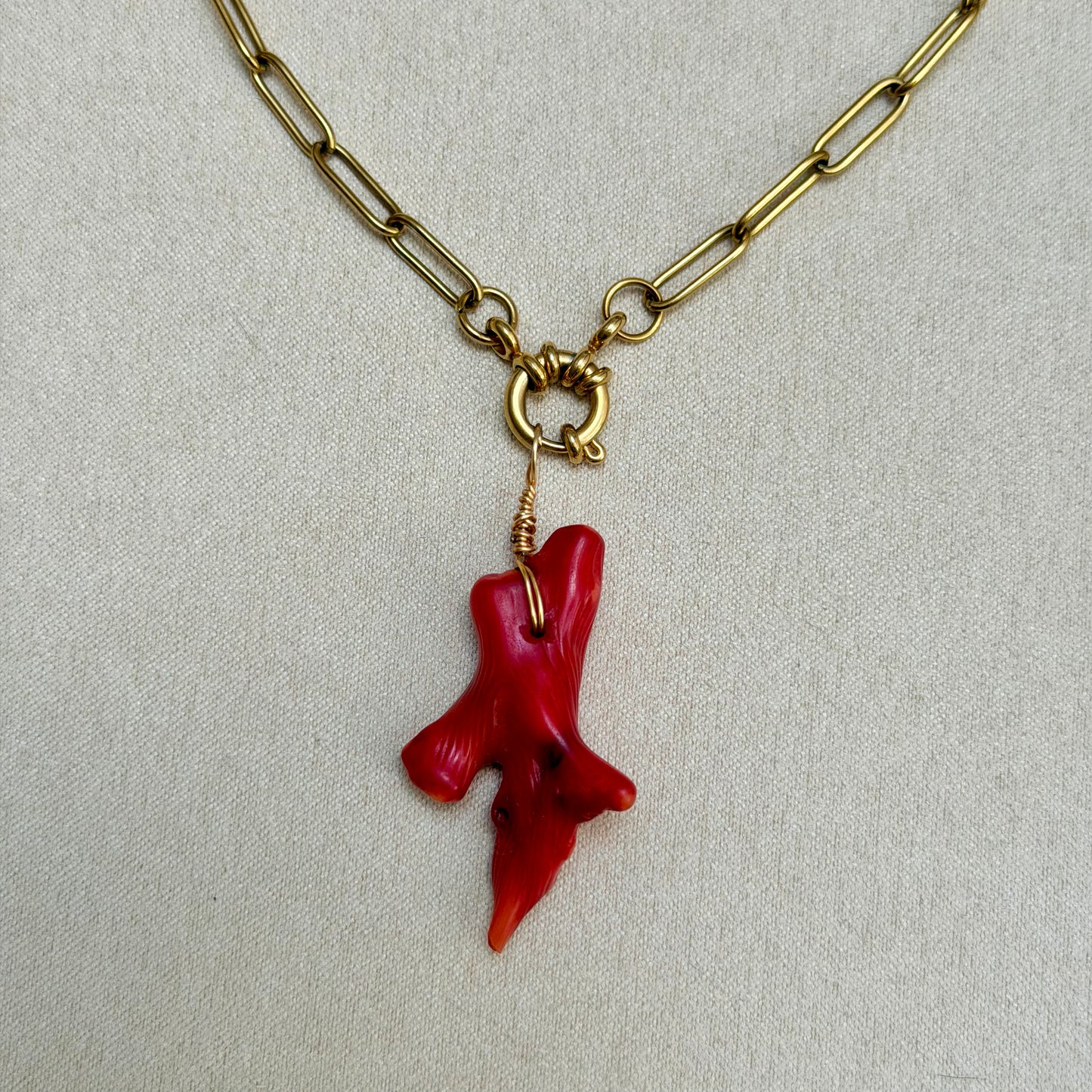 Necklace No. 5 - Red Coral Pendant on Paperclip Necklace