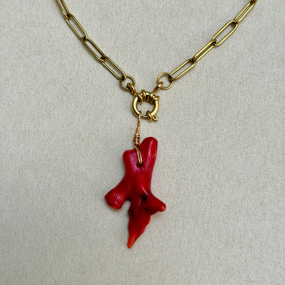 Necklace No. 5 - Red Coral Pendant on Paperclip Necklace