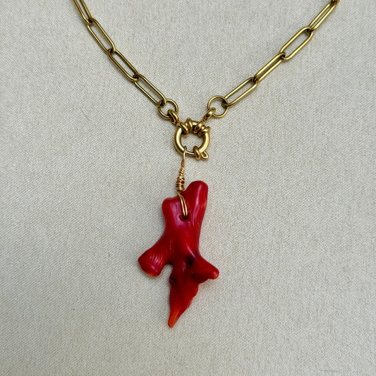 Necklace No. 5 - Red Coral Pendant on Paperclip Necklace