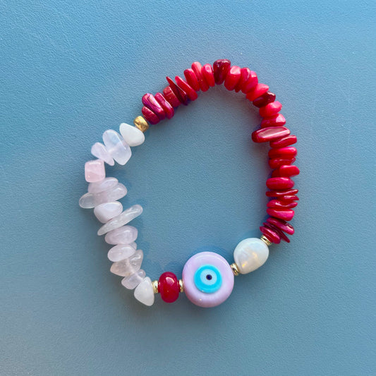 Mel Evil Eye Rose Quartz and Bamboo Coral Bracelet
