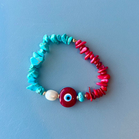 Mel Evil Eye Rose Quartz and Bamboo Coral Bracelet