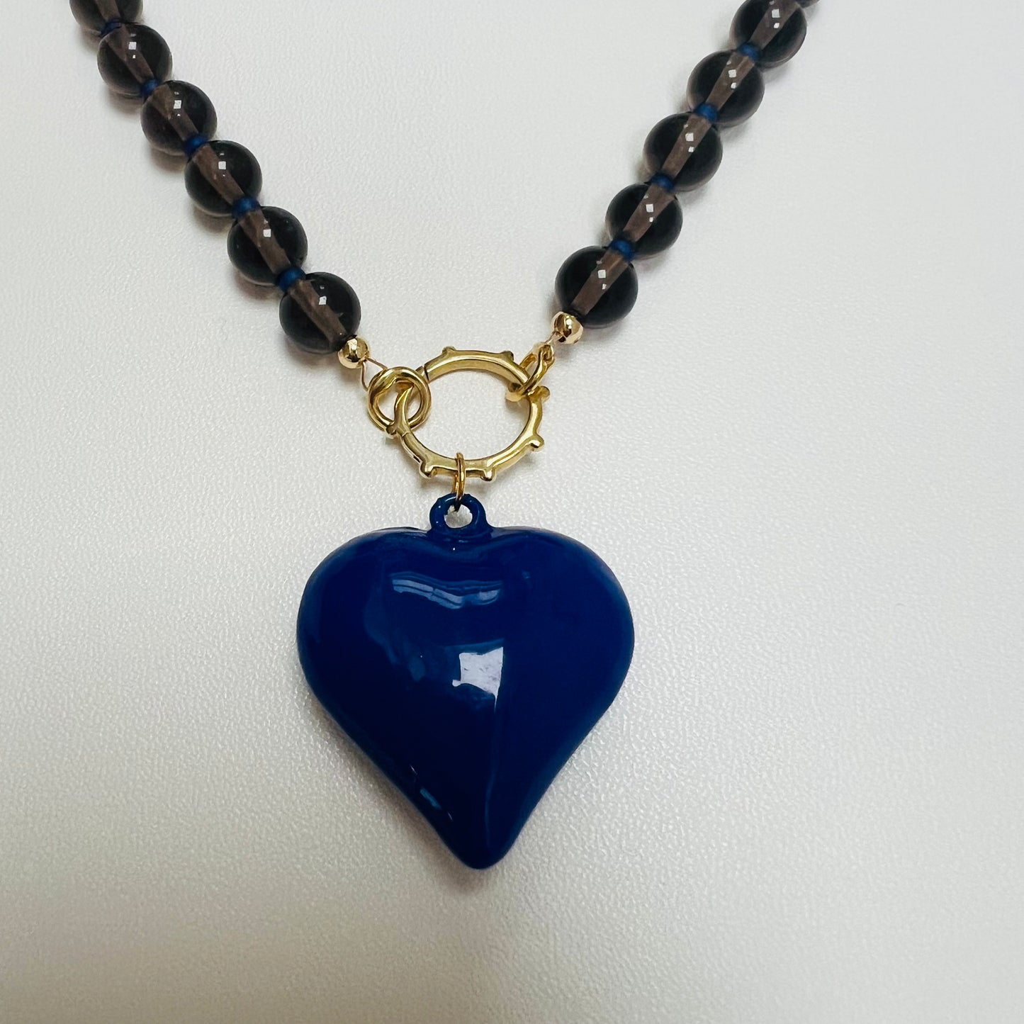 Smokey Quartz & Blue Beaded Heart Necklace