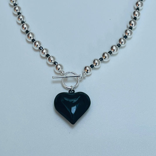 Silver Hematite Beaded Heart Necklace