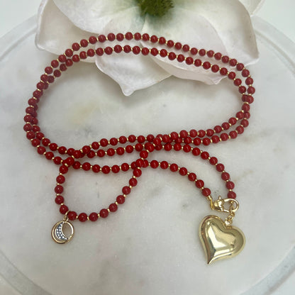 Mia Red Beaded Heart & Moon Necklace