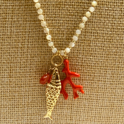 CORALIA Pearl and Coral Charm Necklace