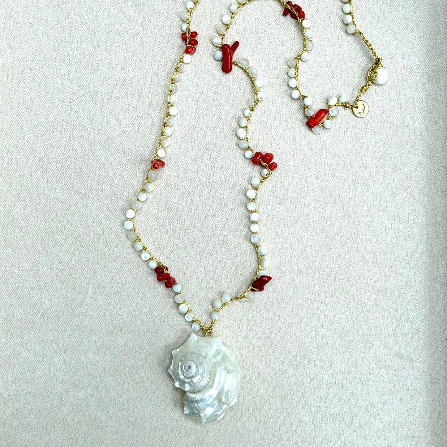 Necklace No. 4 - Shell Pendant Necklace with Red Coral