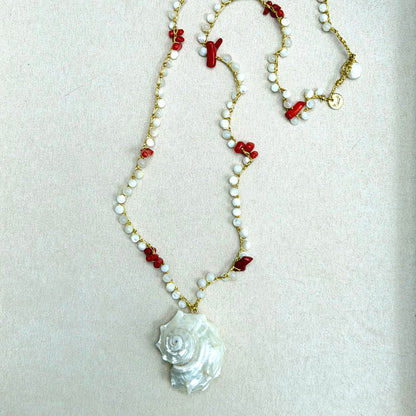 Necklace No. 4 - Shell Pendant Necklace with Red Coral