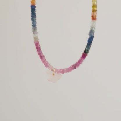 Rainbow Sapphire Necklace with Rose Quartz Charm